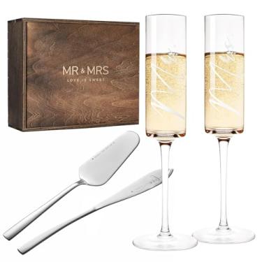 Imagem de AW BRIDAL Conjunto de facas e servir de bolo de casamento prata taças de champanhe gravadas Mr & Mrs Bridal toasting taças de champanhe para presentes de casamento para casal conjunto de corte de bolo para de noivado
