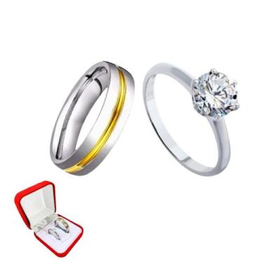 Imagem de Aliança Compromisso Prata 6mm Friso Ouro Tradicional + Anel Prata 2mm 