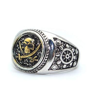 Imagem de Anel de caveira para homens, anel vintage de pirata cruzada, anel de cabeça de caveira, anel de totem de caveira punk, anel de amuleto gótico de pirata, anel de amuleto de caveira viking Dourado