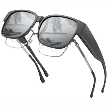 Imagem de LianSan Óculos de sol polarizados para mulheres e homens – Warp Around Fit Over Sunglasses com proteção UV Fit Over Shades, Armação preta/lentes cinza, G