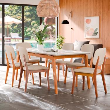Imagem de Conjunto de Mesa Retangular com Tampo de Vidro Off White e 6 Cadeiras Detroit Linho Areia e Nature