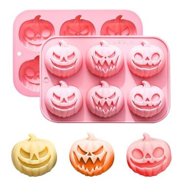 Imagem de Molde de abóbora para Halloween, molde de silicone antiaderente Jack-O-Lantern, moldes de Halloween de 6 cavidades para chocolate, doces, fondant, assar, molde de silicone de abóbora para biscoitos