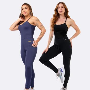 Imagem de Kit 2 Macacão Fitness Blackout Alcinha Slim Zero Transparência Longo E