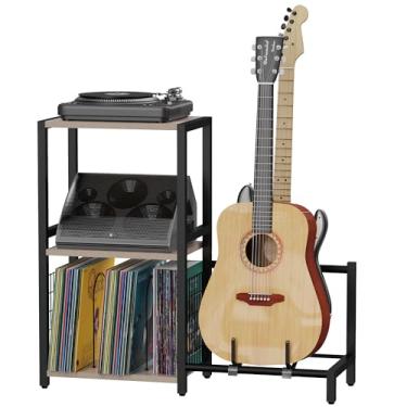 Imagem de YAKANJ Mesa de canto com suporte de guitarra, suporte para toca-discos, armazenamento de discos de vinil, suporte de guitarra de 2 níveis para acústico, suporte de toca-discos para estúdio de música