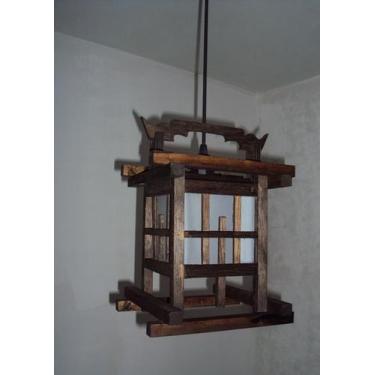 Imagem de Lustre de teto luminária oriental japonês rustico madeira artesanal sa
