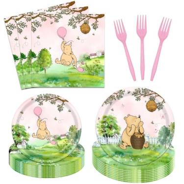 Imagem de 96 peças de artigos clássicos de festa de urso Pooh para meninas, 24 convidadas, chá de bebê, pratos, guardanapos, desenho animado, ursinho, abelhas, utensílios de jantar, decorações de mesa para