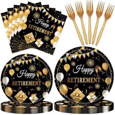 Imagem de 96 peças de decorações de festa de aposentadoria para homens e mulheres, conjunto de guardanapos descartáveis pretos e dourados para festa de despedida de aposentadoria, serve 24 convidados