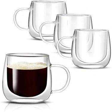 Imagem de WEECHUNG Conjunto de 2 canecas de café de vidro de parede dupla de 340 g, xícaras de café de vidro isolado, canecas de café altas com alça, xícaras de café transparentes para expresso, cappuccino,