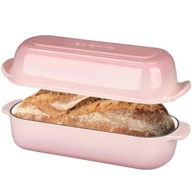 Imagem de EDGING CASTING Forma de pão de ferro fundido esmaltado com tampa, forno holandês para assar pão caseiro, 32 x 14 cm, 5 litros, rosa