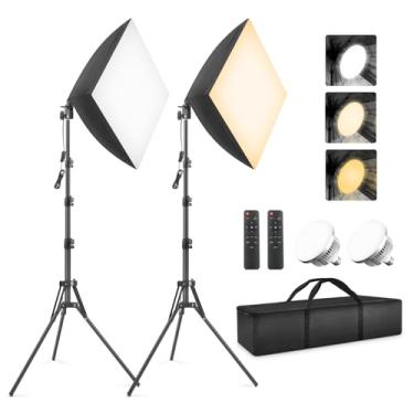 Imagem de Kit de iluminação Softbox pacote com 2, Foccalli 85W caixa macia rotativa iluminação contínua com lâmpada LED regulável 2700-6400K, luzes de estúdio fotográfico para fotografar retratos de vídeo