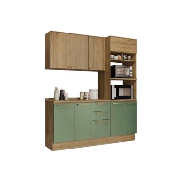 Imagem de Kit Cozinha Modulada 4 Peças Botanic (1Aéreo+1Balcão+1Paneleiro+1Complemento) M664 Nogueira/Verde Oliva - Kappesberg