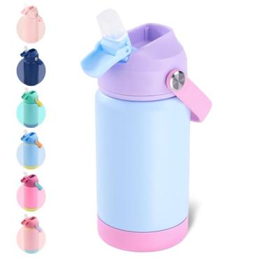 Imagem de Kerilyn Garrafa de água infantil de 340 g, garrafa de água isolada de aço inoxidável para crianças, copo infantil com canudos à prova de vazamento, garrafas de água infantis para meninos e meninas