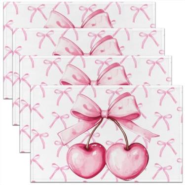 Imagem de Conjunto de 4 jogos americanos com laço cereja 30,5 x 45,7 cm, laço kawaii, rosa, princesa, laço kawaii, para decoração de mesa de jantar, tapetes de mesa tropicais com frutas doces cereja rosa e