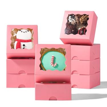 Imagem de SLShePack 8 x 8 x 4 cm, 100 peças, caixas de trufas de chocolate, mini caixas de padaria com janela para biscoitos, sabonete, donut, macaron, brownie (rosa)