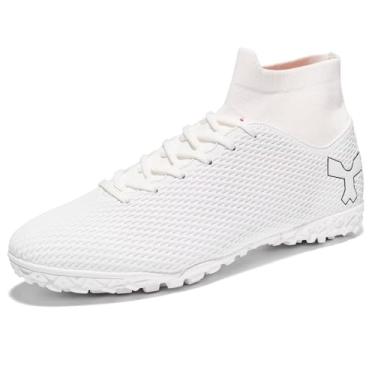 Imagem de changshen Tênis de futebol masculino de cano alto, preto/branco/azul, leve, chuteira de futebol juvenil, treinamento/atletismo profissional, Branco, 36
