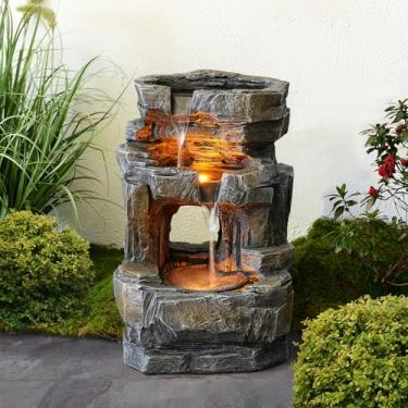 Imagem de Kalona Fonte de água externa de 3 camadas com luzes LED, recurso de cachoeira de rocha de resina para jardim, pátio, quintal, decoração de fonte de 54,6 cm de altura 24392