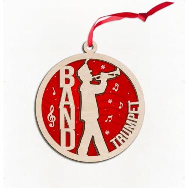 Imagem de Enfeites de trompete 3D de madeira para decoração de árvore de Natal, enfeite de Natal de trompete de banda marcial, trompetes de instrumento musical, lembrança de banda de marcha para trompetistas