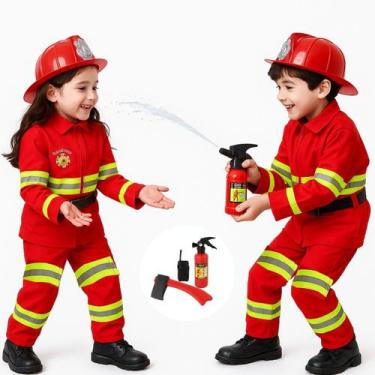 Imagem de Fantasia Infantil Bombeiro Unissex Vermelha + Kit Brinquedos - anjo da