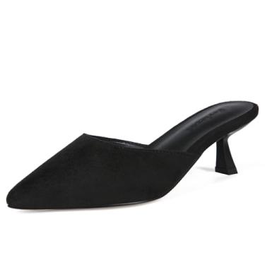 Imagem de Fericzot Sapato feminino de malha com salto gatinho sem cadarço, sem costas nuas, bico fino, fechado, salto agulha baixo, festa de casamento, sapatos sociais para uso diário, Preto, 40