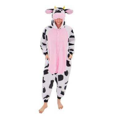 Imagem de NEWCOSPLAY Pijama unissex adulto macacão animal peça única cosplay roupa de dormir, Vaca rosa, XGG