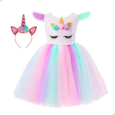 Imagem de Fantasia Infantil Unicórnio com Tiara Mágica – Vestido Colorido Tule Arco-Íris para Meninas, Carnaval, Festa, Aniversário, Cosplay e Dia das Crianças de 3 a 10 anos (M (04 a 06 anos))