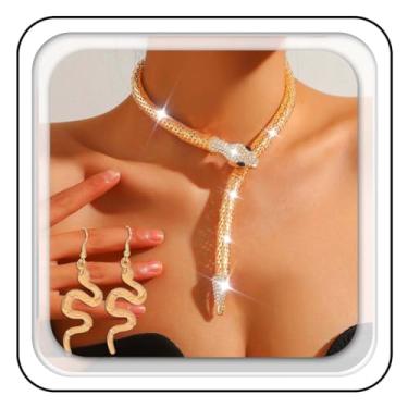 Imagem de Fashey Conjunto de joias de cobra, colar e brincos de ouro, medusa, fantasia de cobra, acessórios Hollween para mulheres, One size, Poliéster, Sem Pedra Preciosa