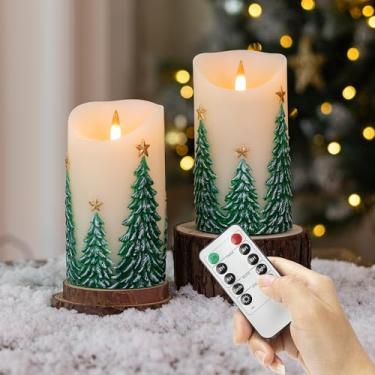 Imagem de Vela de árvore de Natal sem chama, 8 x 14,5 cm, vela de pilar de LED com design de estrela, controle remoto e temporizador, vela operada por bateria para decoração de mesa ou lareira
