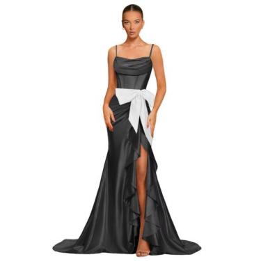 Imagem de Vestido de baile Dessiny Preto Branco Satin Plus Size 2025 US16W