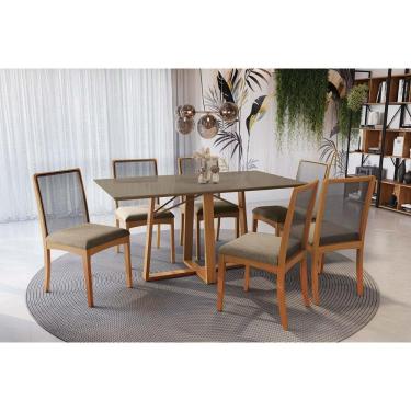 Imagem de Conjunto Sala de Jantar Elma Premium Madeira Maciça c/ Tampo Madeirado c/ Vidro 160x90cm e 6 Cadeiras Lara Carvalho/Freijo Bronze - Boucle Bege-Kappes