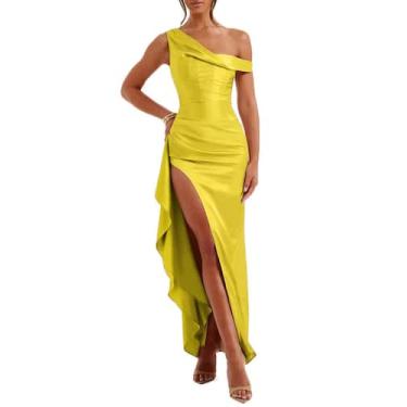 Imagem de Vestido de convidado de casamento Alphirkut Satin Off Shoulder Amarelo