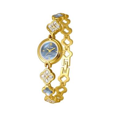 Imagem de FANMIS Relógio feminino elegante oco com trevo de quatro folhas, dourado, à prova d'água, luxuoso, vestido de diamante, pulseira feminina, design de trevo de quatro folhas, relógio feminino, X dourado