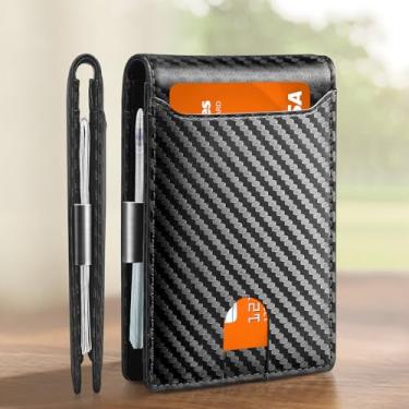 Imagem de Carteira masculina com bloqueio de RFID de metal para cartão de visita, bolso fino, carteira RFID para homens e mulheres, clipes de couro, capa pequena para cartões, Carbono preto, Moderno