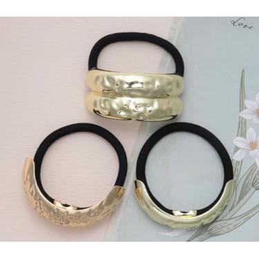 Imagem de 3 peças de prendedores de cabelo de metal geométricos para rabo de cavalo para mulheres, cabelo comprido grosso, moderno, elástico, dourado, punho de rabo de cavalo, acessórios elásticos para cabelo