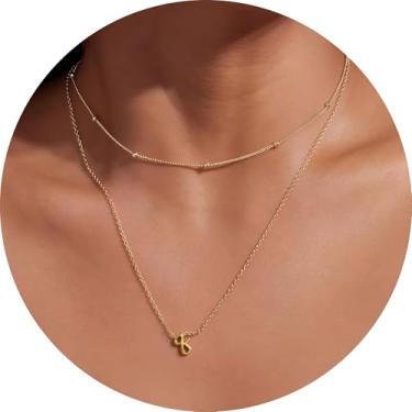 Imagem de Colar feminino com inicial em camadas, pingente de letra A-Z, gargantilha de corrente dupla, joias delicadas em camadas, estilo minimalista, 14+2in/16+2in, Aço inoxidável, Sem Pedra Preciosa