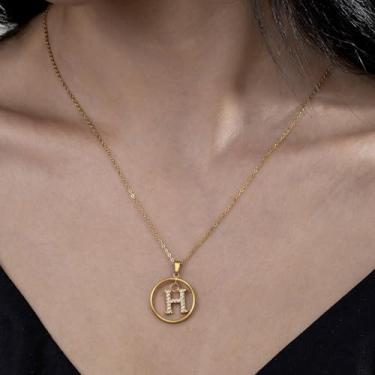 Imagem de Colar de strass com inicial A-Z - Joias delicadas com pingente circular com corrente ajustável, colar de alfabeto personalizado para mulheres,, F, Aço inoxidável, Sem Pedra Preciosa