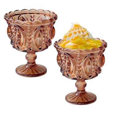 Imagem de YUHANOER Conjunto de 2 copos de sobremesa - copo vintage em relevo de cristal com pés, sorvete retrô de 200 ml e prato doce para bebidas de festa, uísque, bar festivo e decoração de mesa (café)