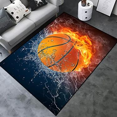 Imagem de Decoração de casa de incêndio de basquete tapetes de área grande impressos para meninos adolescentes quarto de sala de jogos, tapete de chão interno de borracha antiderrapante tapete de ioga, durável cristal veludo sem pelos sala de estar sofá tapete de chão