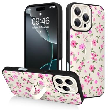 Imagem de AIGOMARA Capa para iPhone 16 Pro Max com alça de dedo, estampa floral rosa para mulheres e meninas, capa protetora à prova de choque com suporte de mão antiarranhões, branca
