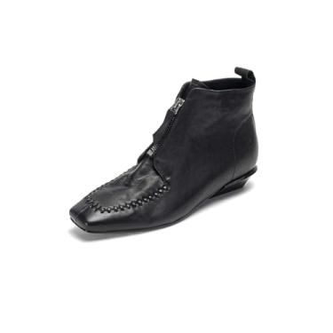 Imagem de TinaCus Botas femininas de couro legítimo feitas à mão, bico quadrado, zíper frontal, salto grosso, botas de cano curto casuais, Preto, 35