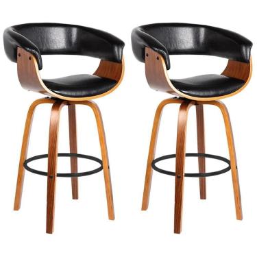 Imagem de Kit 2 Banquetas Giratória Alta Com Encosto Base Madeira Ravi R02 Sintético Preto - Mpozenato