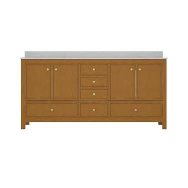 Imagem de HIGEINE Armário de banheiro moderno com pia dupla de 183 cm, armário independente em carvalho marrom com bancada de mármore Calacatta e orifício para torneira