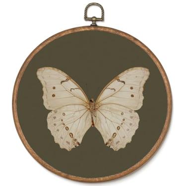 Imagem de Arte de parede emoldurada redonda retrô pinturas a óleo em tela de borboleta clássica, impressões em tela de inseto temperamental, arte antiga estilo casa de fazenda verde sálvia decoração de parede