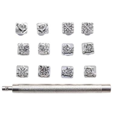 Imagem de Chewtoyo 12 peças de ferramentas de estampagem de metal com tema de flor, cabeças de liga de zinco de 0,4 polegadas para couro e material macio, artesanato DIY, kit de carimbo de couro e madeira com