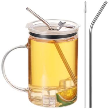 Imagem de OMISTAR Copo de vidro com canudo e tampa, copo de vidro borossilicato de 1000 ml com tampa à prova de vazamento, canudo de aço inoxidável, copo grande de 1000 ml para café, vitaminas, chá, suco