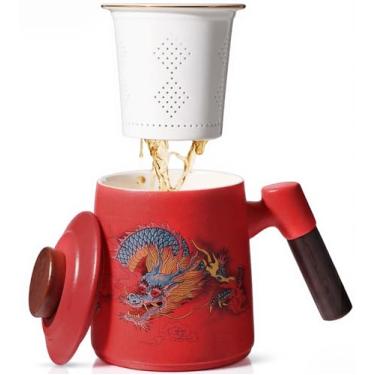 Imagem de Xícara de chá de porcelana com infusor e tampa, caneca de chá de cerâmica para folhas soltas, coador de chá com cabo de madeira, xícara de chá de dragão chinês, infusor de cerâmica, sem BPA, presente