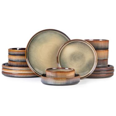 Imagem de TheTerra Conjuntos de louça de cerâmica com tigelas de macarrão para 4, 16 peças de pratos e tigelas leves de porcelana, conjunto de pratos resistentes a arranhões, seguro para forno, micro-ondas e