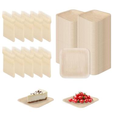 Imagem de LECEHIVO Conjunto de 240 pratos de folha de palmeira de 15 cm, conjunto de garfos de madeira, pratos de papel quadrados descartáveis para piquenique, sobremesa, festa, eventos de casamento