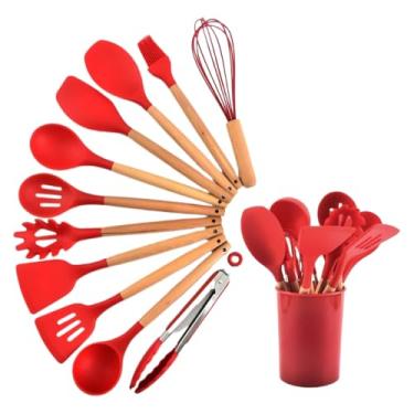 Imagem de UtensíLios De Cozinha Em Silicone | Conjunto De Colher E EspáTula(Vermelho 12PÇS)