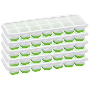 Imagem de Bandeja para cubos de gelo com tampas removíveis: pacote com 5 bandejas de cubos de gelo de plástico de silicone para freezer, bandejas flexíveis de 14 cubos de liberação fácil para coquetel, sopa de