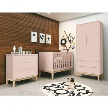 Imagem de Jogo De Quarto Para Bebê Completo 2 Portas Classic New Rosa Fosco Com Natural - Moveisaqui